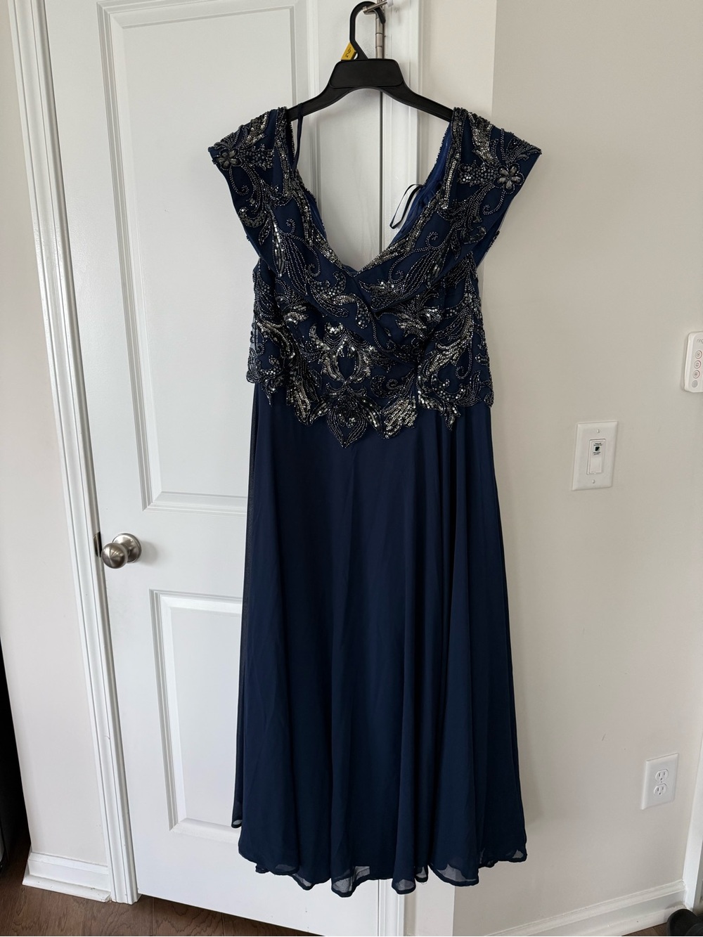 Xscape Navy Beaded off the Shoulders Evening Gown